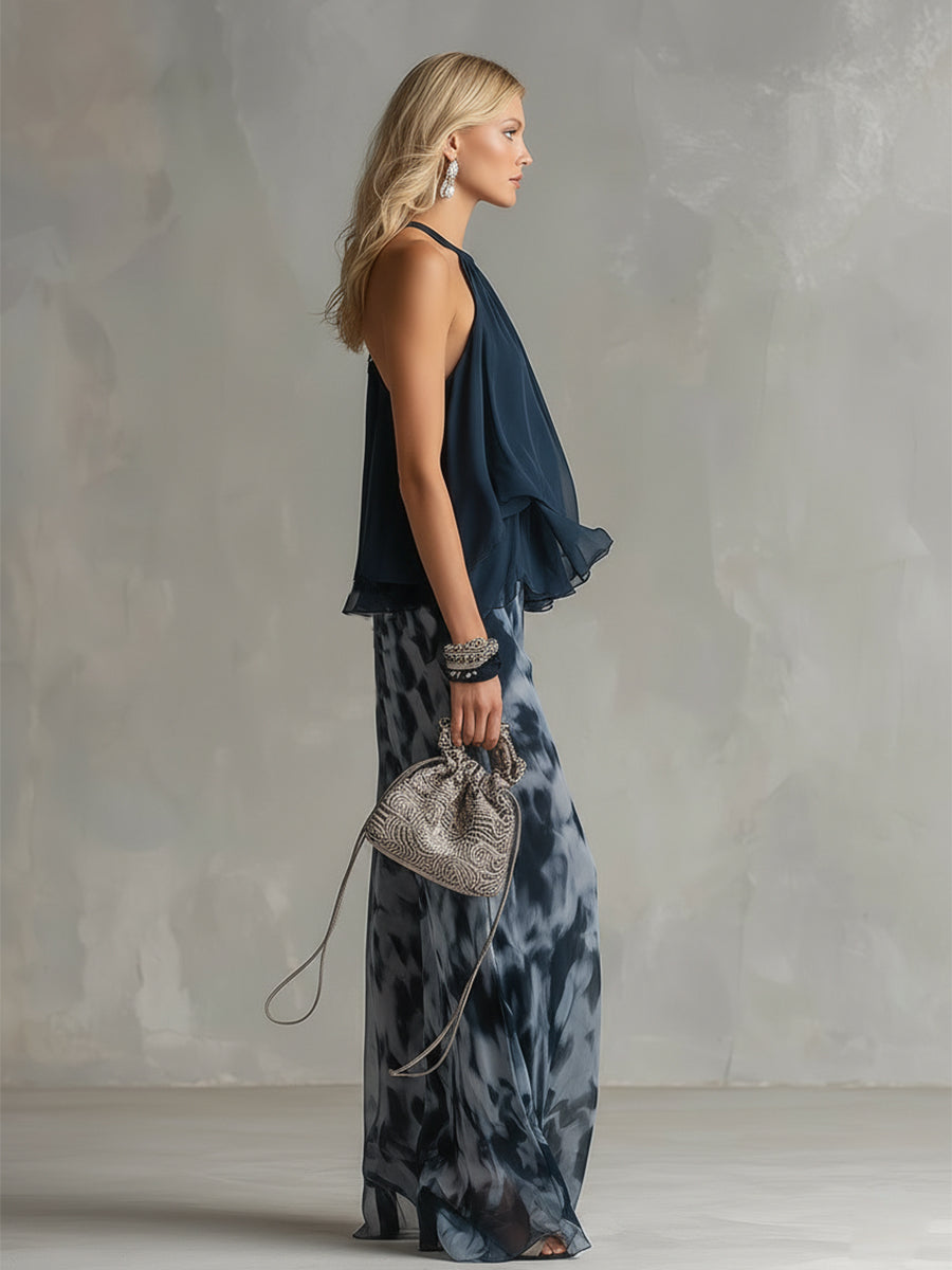 Ludovica | Stylowy granatowy top na halter i szerokie spodnie w print