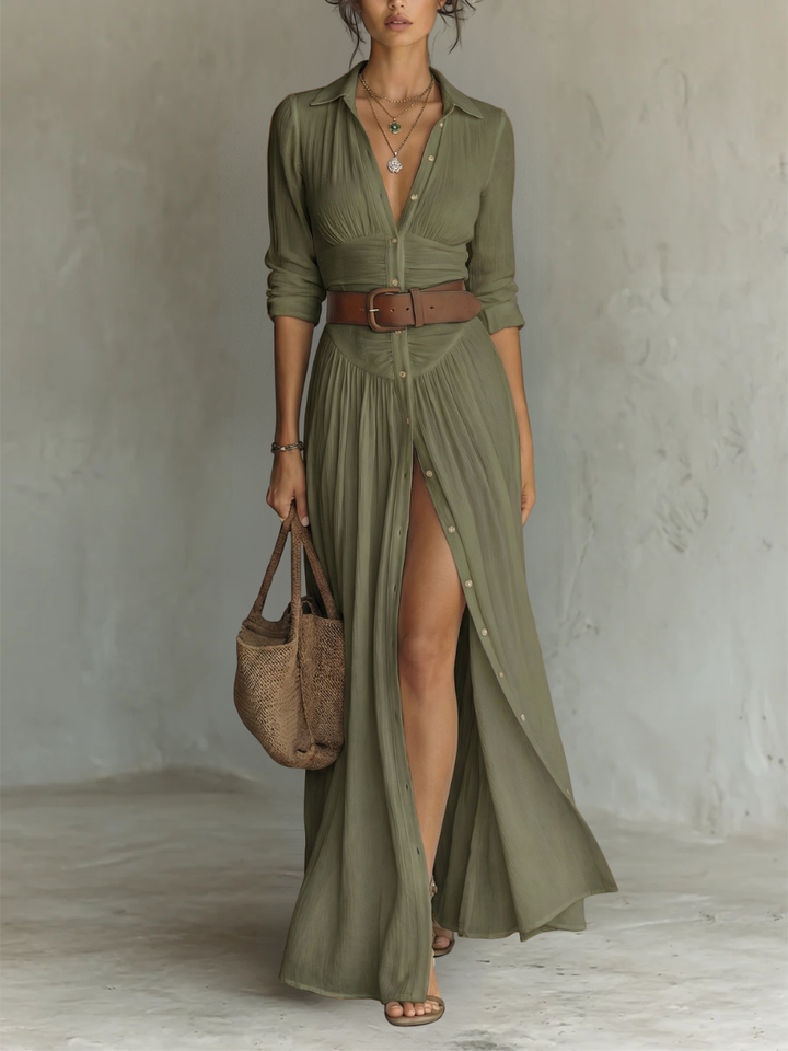Amélia™ — Elegancka Sukienka Maxi z Wycięciem w Kołnierzu