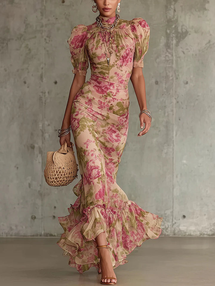 Fiora | Romantyczna Vintage Różowa Sukienka Maxi z Bufiastymi Rękawami