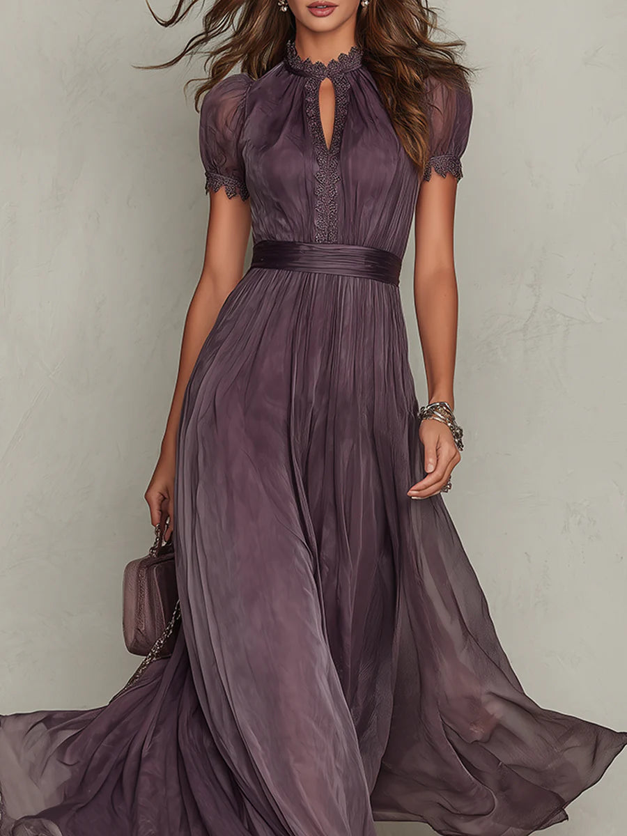 Flavia | Elegancka Fioletowa Sukienka Maxi z Chiffonu z Wycięciem