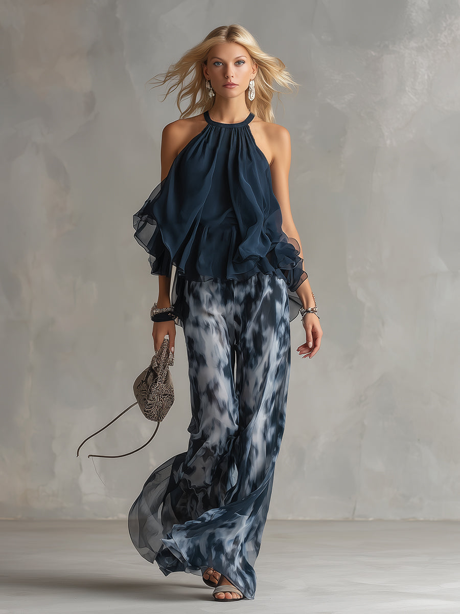 Ludovica | Stylowy granatowy top na halter i szerokie spodnie w print