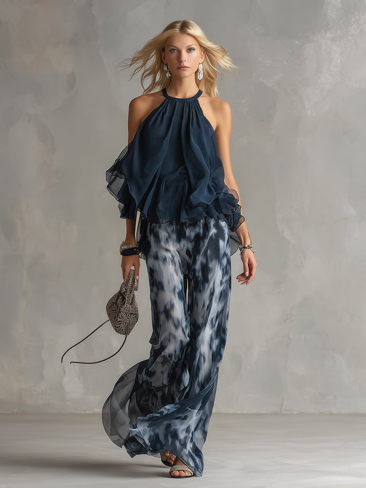 Ludovica | Stylowy granatowy top na halter i szerokie spodnie w print