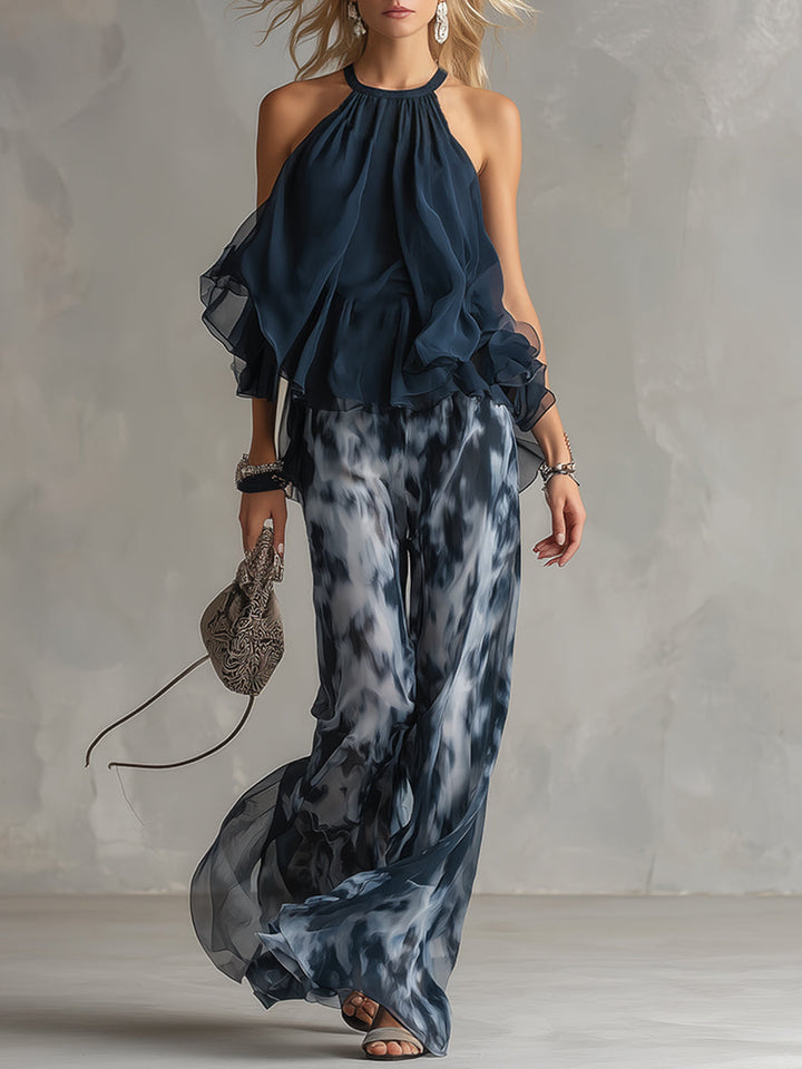 Ludovica | Stylowy granatowy top na halter i szerokie spodnie w print