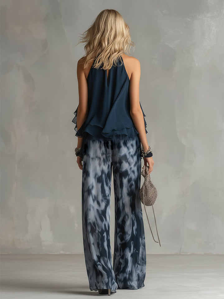 Ludovica | Stylowy granatowy top na halter i szerokie spodnie w print