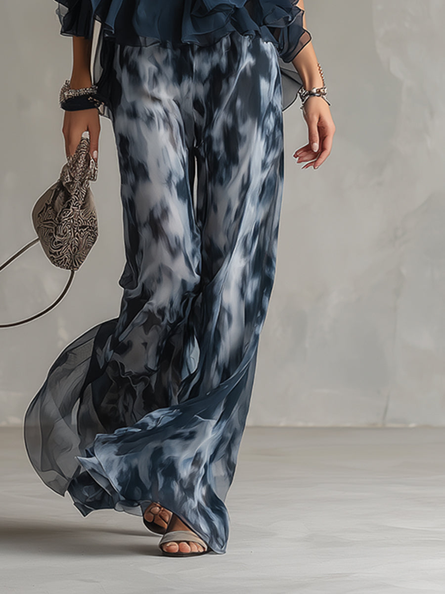 Ludovica | Stylowy granatowy top na halter i szerokie spodnie w print
