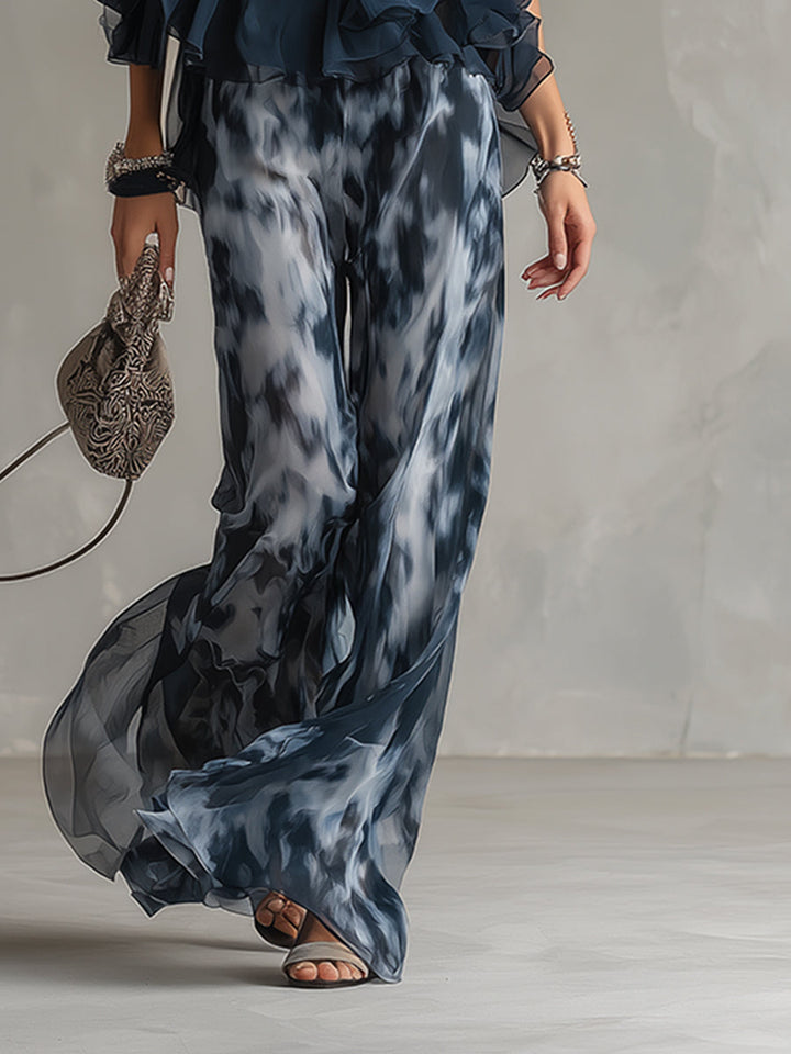 Ludovica | Stylowy granatowy top na halter i szerokie spodnie w print