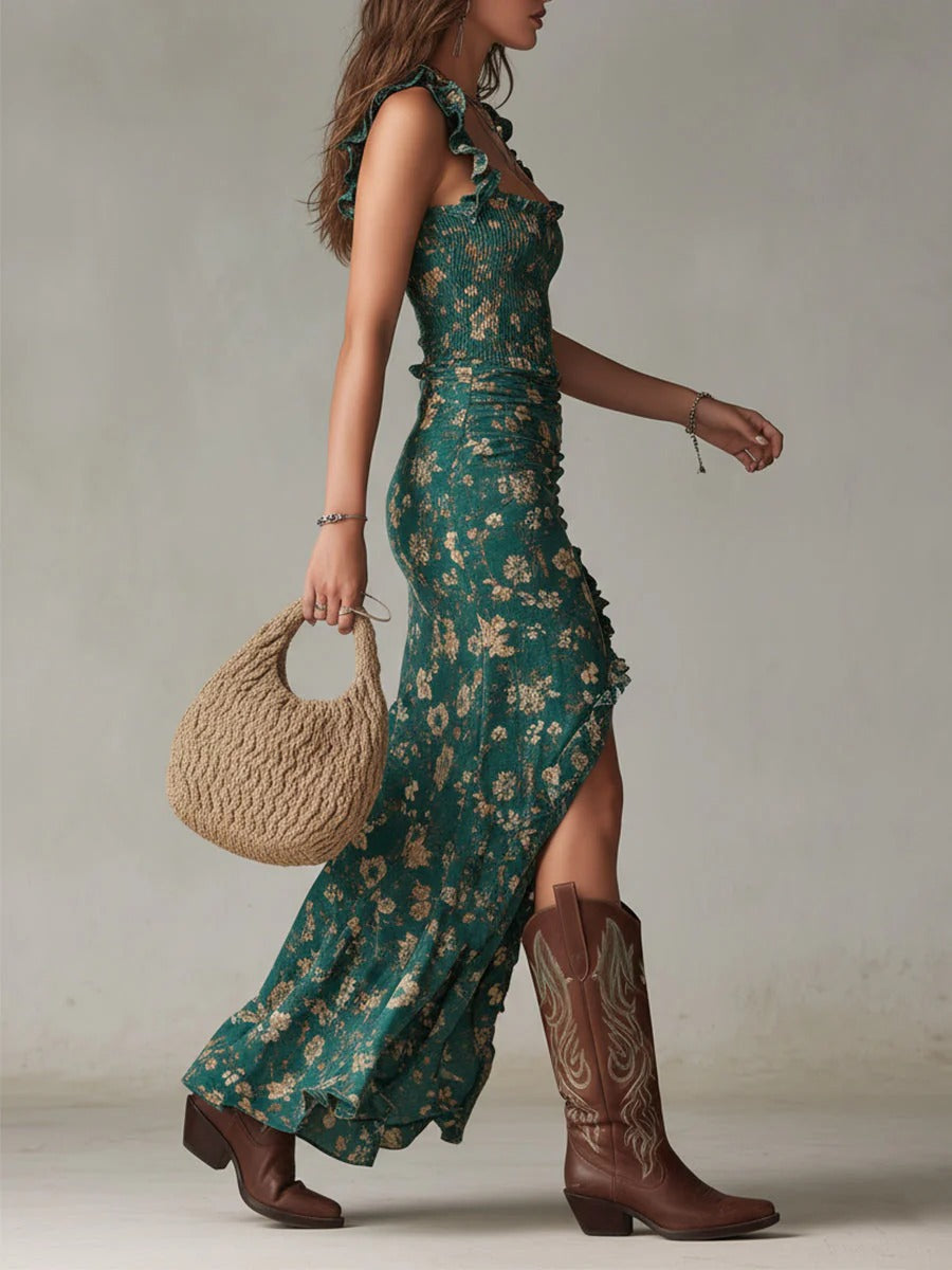 Zara | Boho Kwiatowa Sukienka Maxi z Rozcięciem po Boku